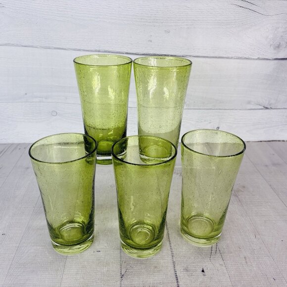 Hand-Blown Weighted Base Flared Artisan Mexico Lime Green Glass Tumbler Set of 5 - Picture 3 of 16